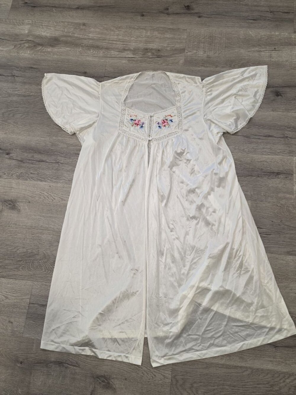 Vintage White Satin Nightgown With Embroidered Floral detail Flutter Sleeves OS